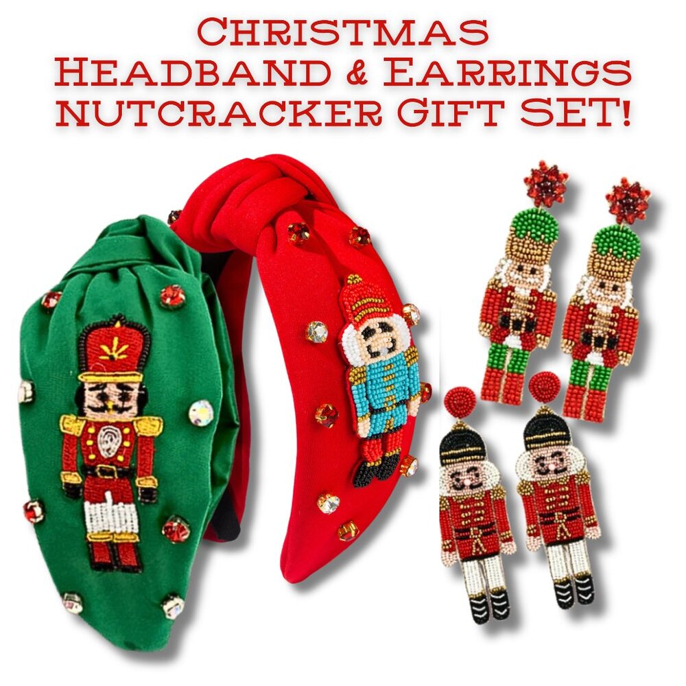 Christmas Nutcracker Theme Beaded Rhinestone Headband & Earrings GIFT SET NEW